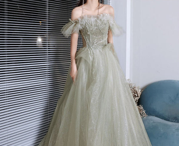 Sparkle Green Forest Dreamy Off Shoulder Short Sleeved Pleated Tulle Evening Prom Dress