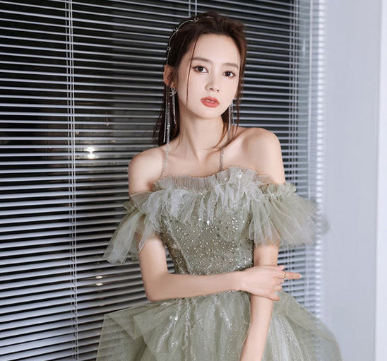 Sparkle Green Forest Dreamy Off Shoulder Short Sleeved Pleated Tulle Evening Prom Dress