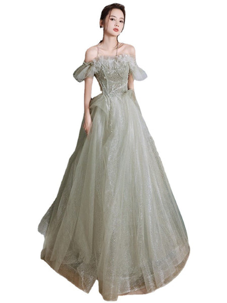 Sparkle Green Forest Dreamy Off Shoulder Short Sleeved Pleated Tulle Evening Prom Dress