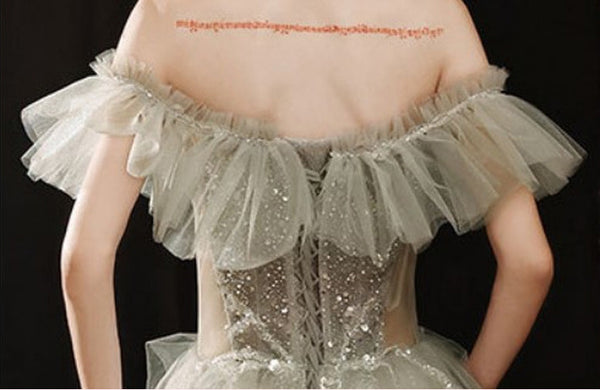 Sparkle Green Forest Dreamy Off Shoulder Short Sleeved Pleated Tulle Evening Prom Dress