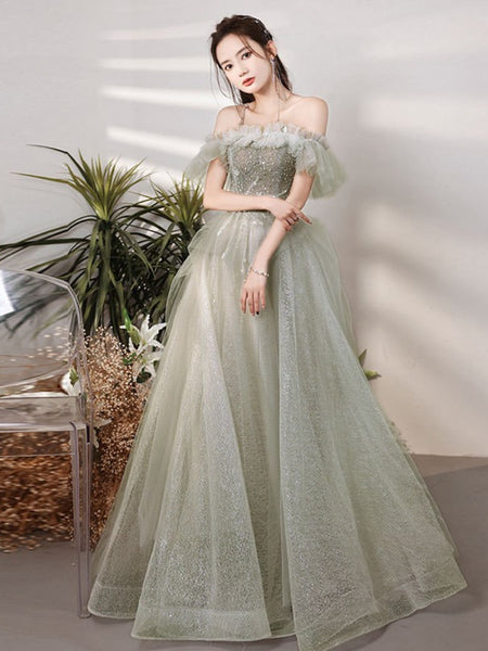 Sparkle Green Forest Dreamy Off Shoulder Short Sleeved Pleated Tulle Evening Prom Dress