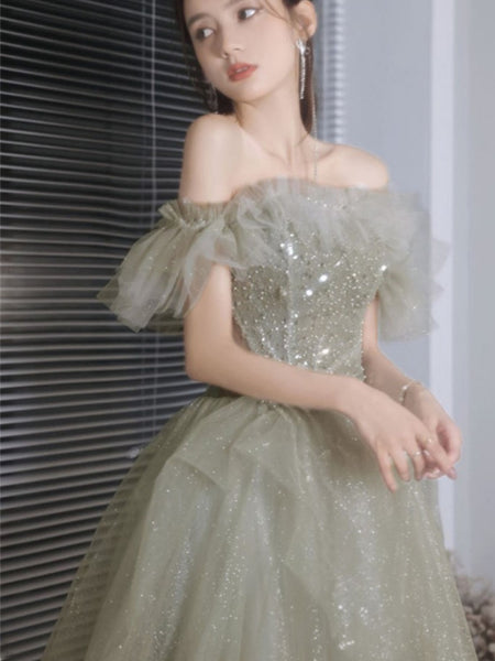 Sparkle Green Forest Dreamy Off Shoulder Short Sleeved Pleated Tulle Evening Prom Dress