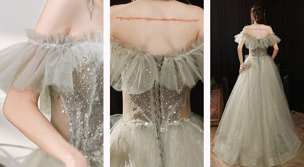 Sparkle Green Forest Dreamy Off Shoulder Short Sleeved Pleated Tulle Evening Prom Dress