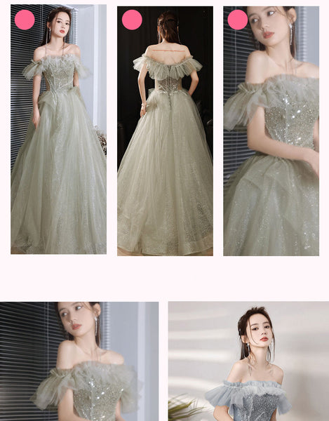Sparkle Green Forest Dreamy Off Shoulder Short Sleeved Pleated Tulle Evening Prom Dress