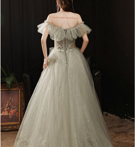 Sparkle Green Forest Dreamy Off Shoulder Short Sleeved Pleated Tulle Evening Prom Dress