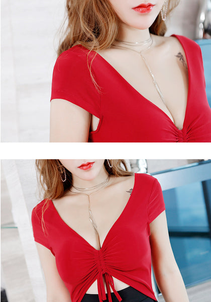Sexy Pretty Women V Neck Short Sleeves Front Bow Tie Up Night Clubbing Meeting Short Dress