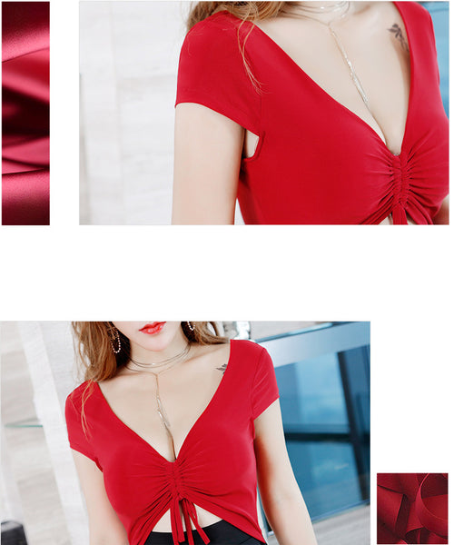 Sexy Pretty Women V Neck Short Sleeves Front Bow Tie Up Night Clubbing Meeting Short Dress