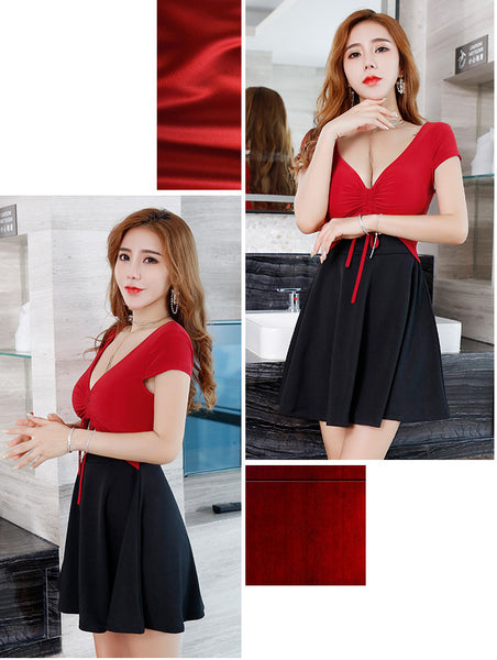 Sexy Pretty Women V Neck Short Sleeves Front Bow Tie Up Night Clubbing Meeting Short Dress