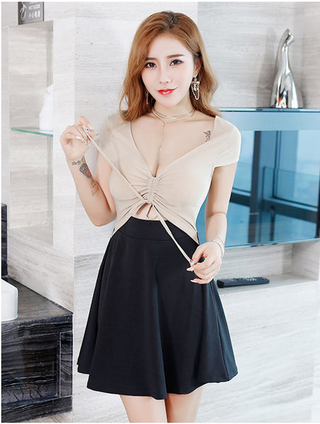 Sexy Pretty Women V Neck Short Sleeves Front Bow Tie Up Night Clubbing Meeting Short Dress
