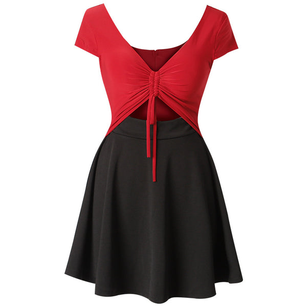 Sexy Pretty Women V Neck Short Sleeves Front Bow Tie Up Night Clubbing Meeting Short Dress