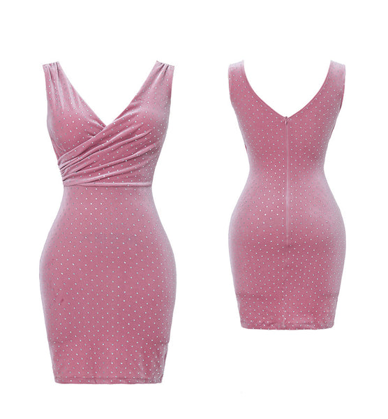 Sexy Women V Neck Sleeveless Pleated Waist Pink Velvet Sparkle Dot Wrapped Bodycon Dress