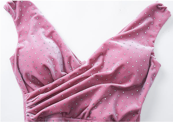 Sexy Women V Neck Sleeveless Pleated Waist Pink Velvet Sparkle Dot Wrapped Bodycon Dress