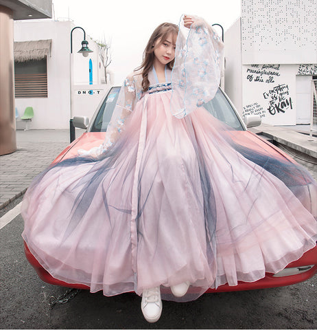 Chinese Traditional Starry Shining Gradient Color Han Dynasty Costume Embroidered Floral Long Dress