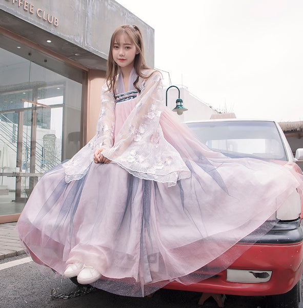 Chinese Traditional Starry Shining Gradient Color Han Dynasty Costume Embroidered Floral Long Dress