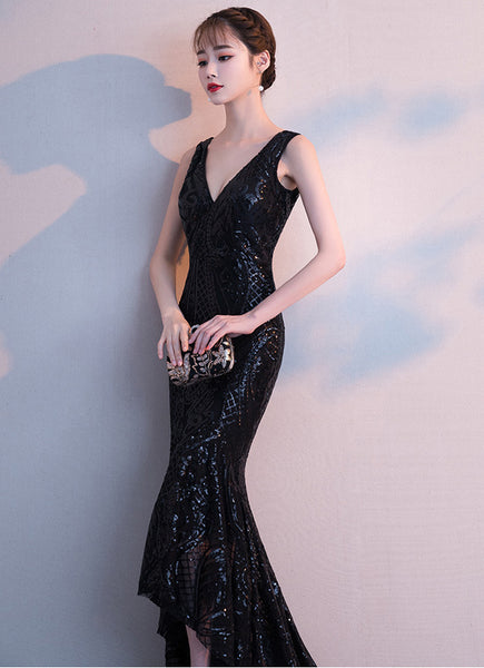 Gorgeous High Low Front Hem Sequins V Neck Padded Bra Concealed Back Zipper Evening Dress