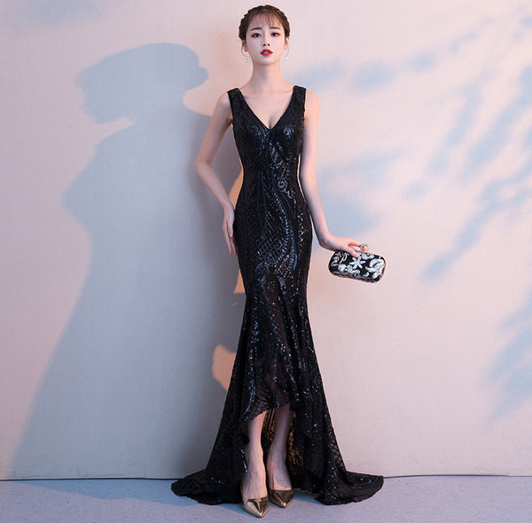 Gorgeous High Low Front Hem Sequins V Neck Padded Bra Concealed Back Zipper Evening Dress