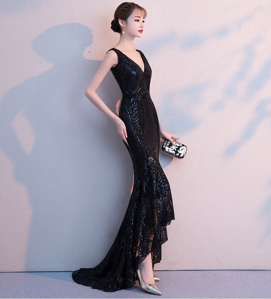 Gorgeous High Low Front Hem Sequins V Neck Padded Bra Concealed Back Zipper Evening Dress