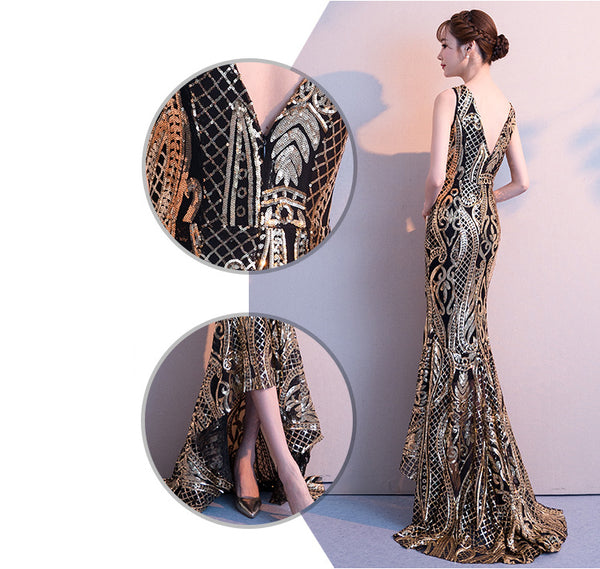 Gorgeous High Low Front Hem Sequins V Neck Padded Bra Concealed Back Zipper Evening Dress