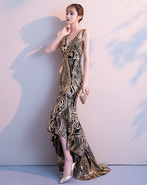 Gorgeous High Low Front Hem Sequins V Neck Padded Bra Concealed Back Zipper Evening Dress