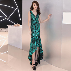Gorgeous High Low Front Hem Sequins V Neck Padded Bra Concealed Back Zipper Evening Dress