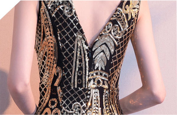 Gorgeous High Low Front Hem Sequins V Neck Padded Bra Concealed Back Zipper Evening Dress