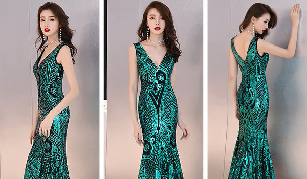 Gorgeous High Low Front Hem Sequins V Neck Padded Bra Concealed Back Zipper Evening Dress