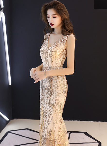 Gorgeous High Low Front Hem Sequins V Neck Padded Bra Concealed Back Zipper Evening Dress