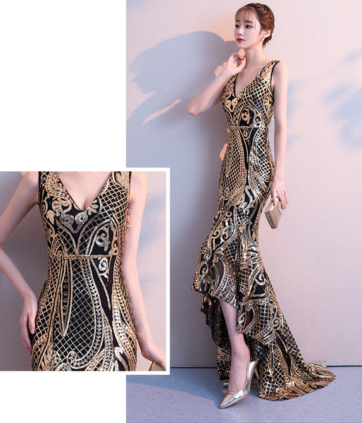 Gorgeous High Low Front Hem Sequins V Neck Padded Bra Concealed Back Zipper Evening Dress