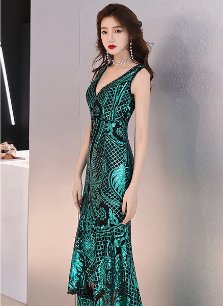 Gorgeous High Low Front Hem Sequins V Neck Padded Bra Concealed Back Zipper Evening Dress