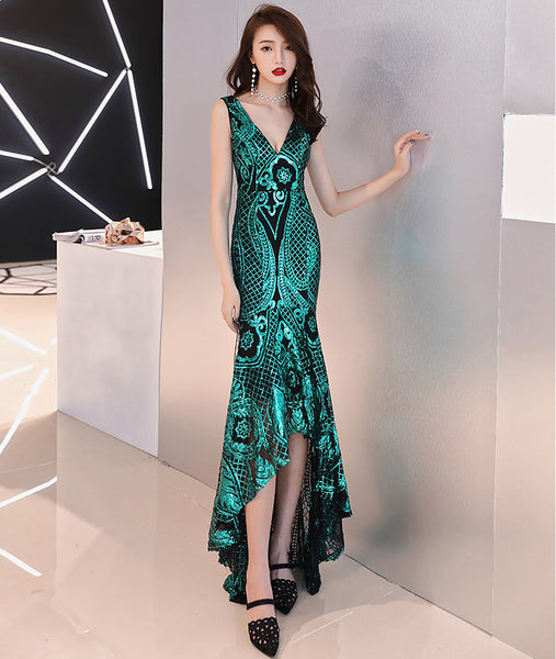 Gorgeous High Low Front Hem Sequins V Neck Padded Bra Concealed Back Zipper Evening Dress