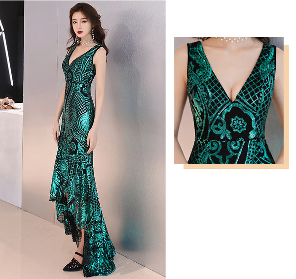 Gorgeous High Low Front Hem Sequins V Neck Padded Bra Concealed Back Zipper Evening Dress