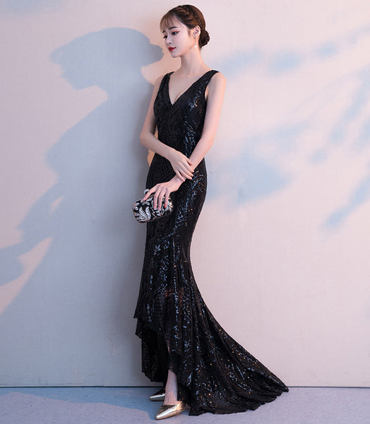 Gorgeous High Low Front Hem Sequins V Neck Padded Bra Concealed Back Zipper Evening Dress