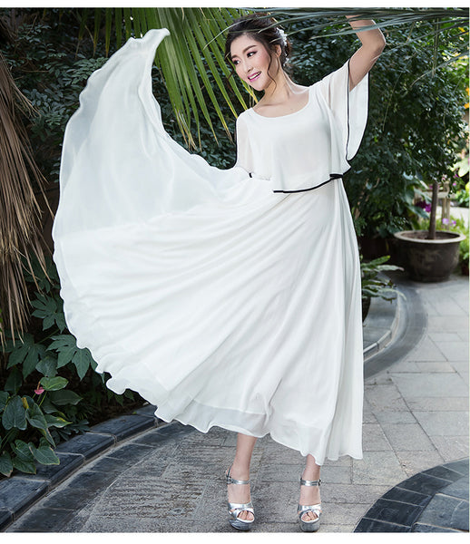 Minimalism Holiday Beach Bohemian Simple Short Sleeves Pleated Front Chiffon Big Swing Dress