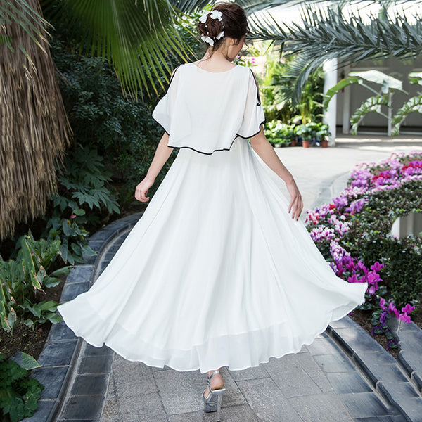 Minimalism Holiday Beach Bohemian Simple Short Sleeves Pleated Front Chiffon Big Swing Dress