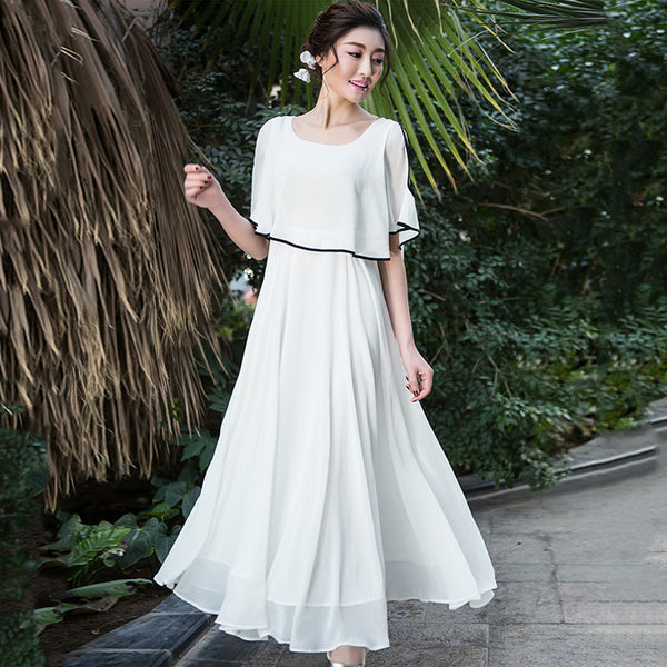 Minimalism Holiday Beach Bohemian Simple Short Sleeves Pleated Front Chiffon Big Swing Dress