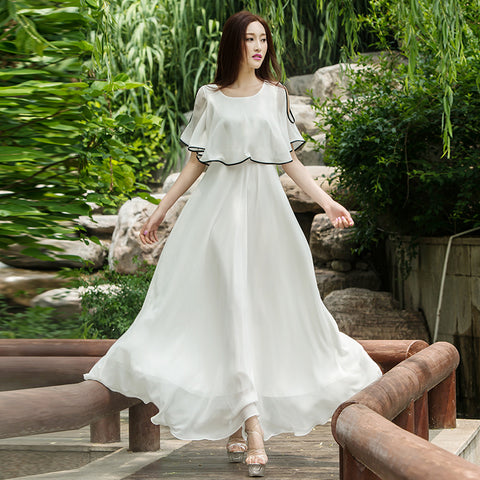 Minimalism Holiday Beach Bohemian Simple Short Sleeves Pleated Front Chiffon Big Swing Dress