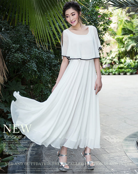 Minimalism Holiday Beach Bohemian Simple Short Sleeves Pleated Front Chiffon Big Swing Dress