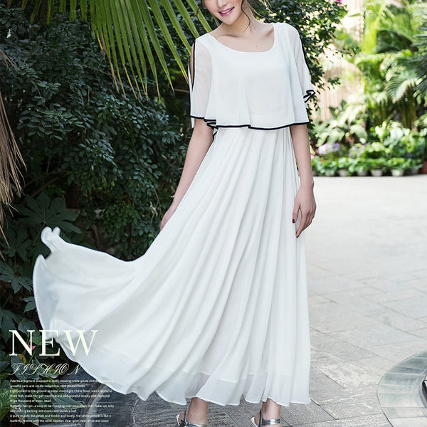 Minimalism Holiday Beach Bohemian Simple Short Sleeves Pleated Front Chiffon Big Swing Dress