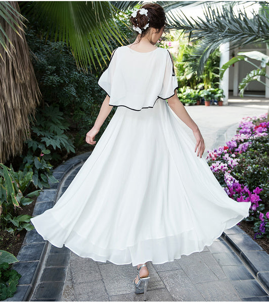 Minimalism Holiday Beach Bohemian Simple Short Sleeves Pleated Front Chiffon Big Swing Dress