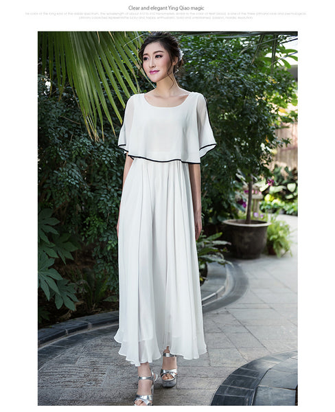 Minimalism Holiday Beach Bohemian Simple Short Sleeves Pleated Front Chiffon Big Swing Dress