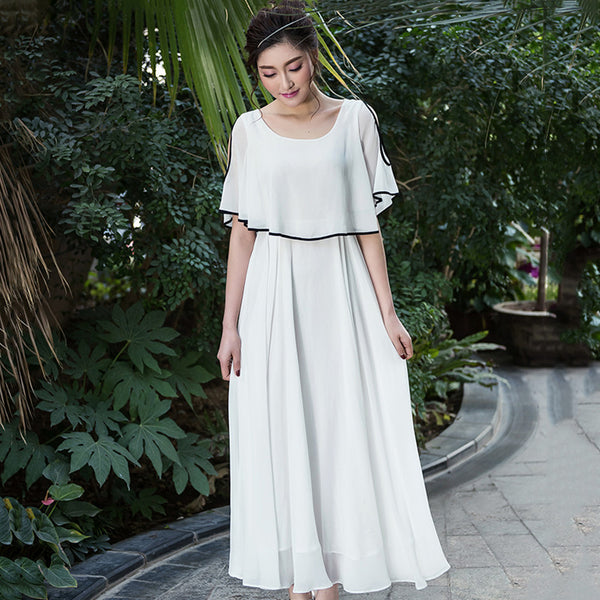 Minimalism Holiday Beach Bohemian Simple Short Sleeves Pleated Front Chiffon Big Swing Dress