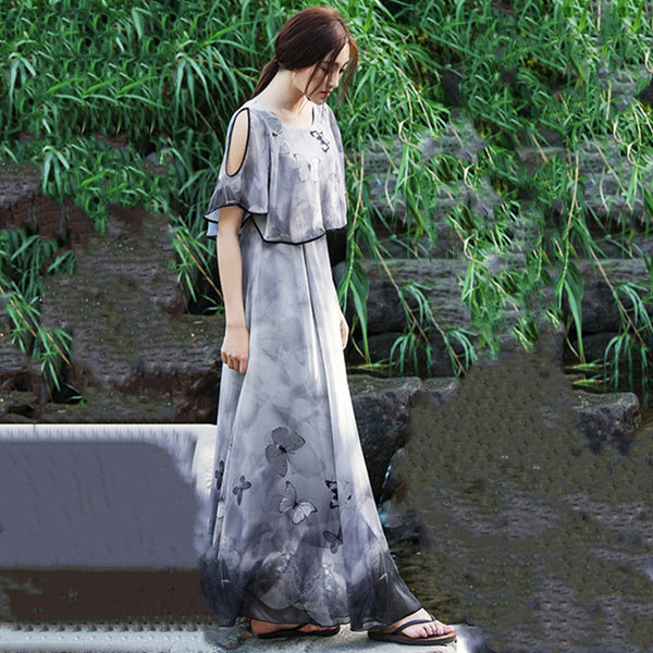 Plus Size Elegant Retro Georgette Print Floral Design Short Sleeves Big Swing Long Dress