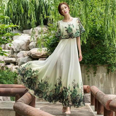 Plus Size Elegant Retro Georgette Print Floral Design Short Sleeves Big Swing Long Dress