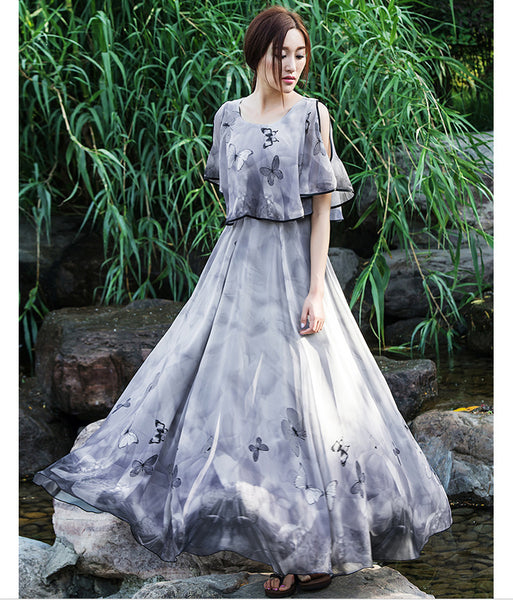 Plus Size Elegant Retro Georgette Print Floral Design Short Sleeves Big Swing Long Dress