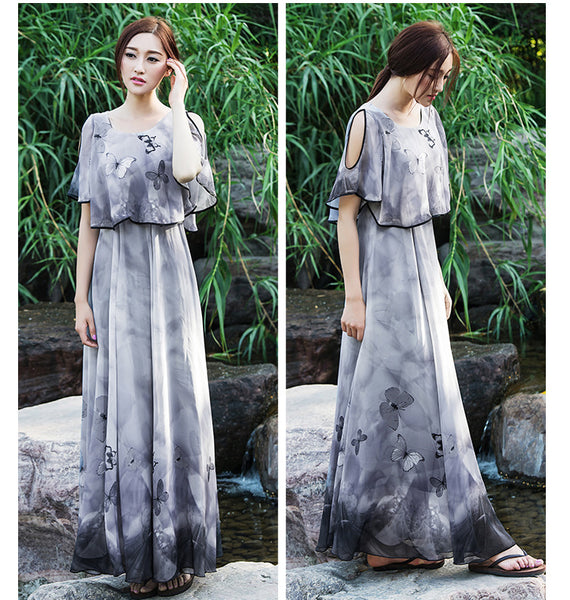 Plus Size Elegant Retro Georgette Print Floral Design Short Sleeves Big Swing Long Dress