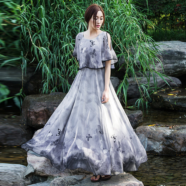 Plus Size Elegant Retro Georgette Print Floral Design Short Sleeves Big Swing Long Dress