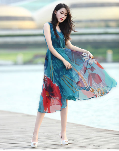 Bohemian Sleeveless Chiffon Floral Printed Large Size Beach Swing Skirt Mid Length Dress