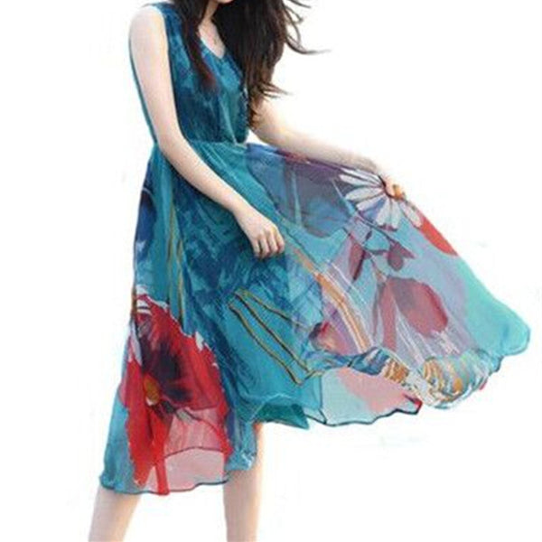 Bohemian Sleeveless Chiffon Floral Printed Large Size Beach Swing Skirt Mid Length Dress