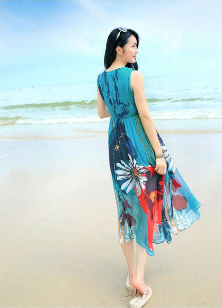 Bohemian Sleeveless Chiffon Floral Printed Large Size Beach Swing Skirt Mid Length Dress