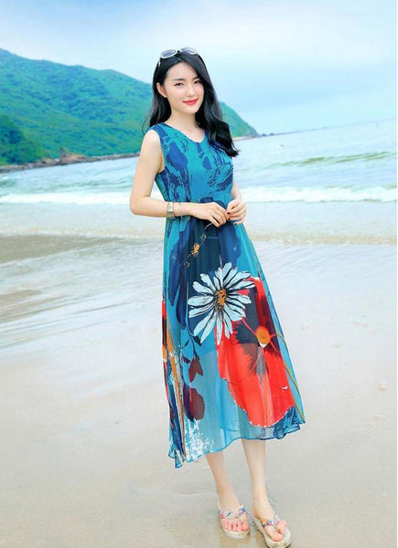 Bohemian Sleeveless Chiffon Floral Printed Large Size Beach Swing Skirt Mid Length Dress